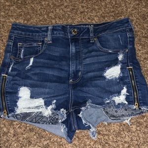 Distressed dark denim shorts